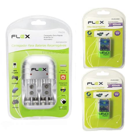 Carregador de Pilhas Flex C03 2 Baterias 9v 450 mah Recarregável FX