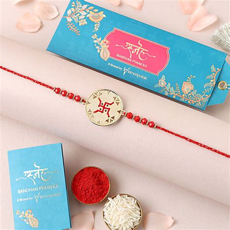 Buy Send Sneh Red Swastika Metal Rakhi Online Fnp