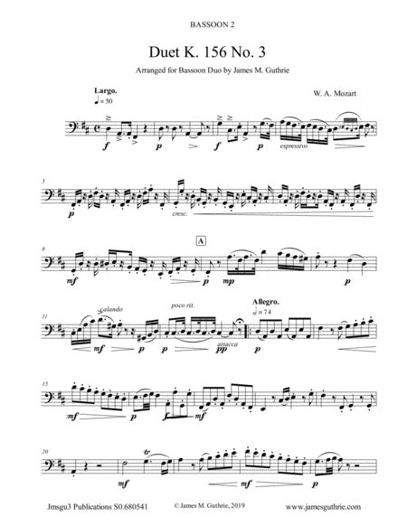 Mozart Duet K 156 No 3 For Bassoon Duo Sheet Music W Amozart Instrumental Duet