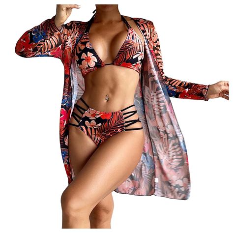 WREESH Womens 3 Piece Swimsuits Tropical Print Halter Bikini Set With Kimono Beach Cover Ups