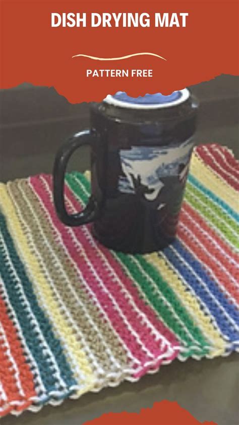 A Crocheted Dish Drying Mat With A Coffee Cup On It And The Words Dish Drying Mat Written In Red