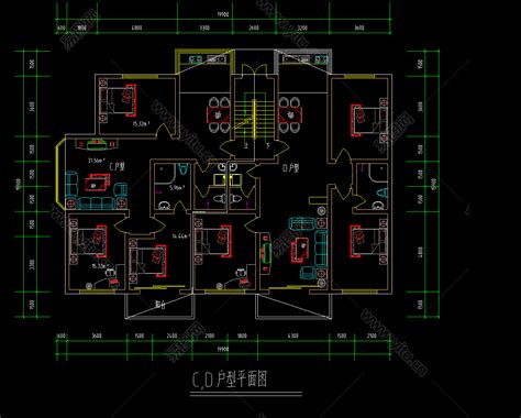 1梯2户户型图cad施工图，住宅户型图cad建筑图纸下载 素材下载易图网cad设计图纸库