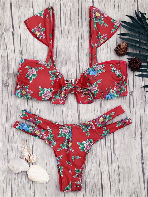 Off Floral Print Knot Banded Bikini Set In Red Zaful