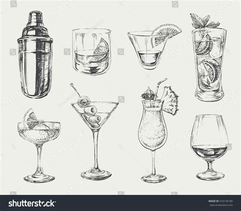 Set Of Sketch Cocktails And Alcohol Drinks Vector Hand Drawn