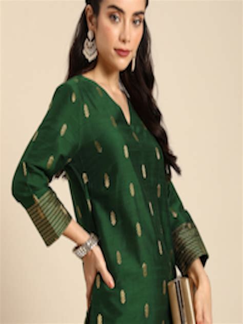 Buy Anouk Women Green And Gold Toned Ethnic Motifs Dobby Kurta Kurtas