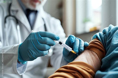 Blood Donor Concept Doctor Collect Blood Sample And Hold Needle Into