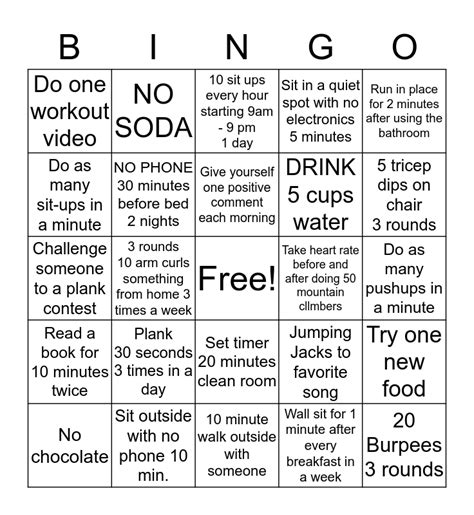 Workout Challenge Bingo Card