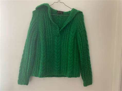 100 Mohair Italian Cable Knit Kelly Green Henley Swe Gem