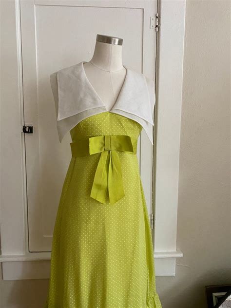 Vintage 1960s Lime Green Polka Dot Ruffled Maxi Dress Clothing