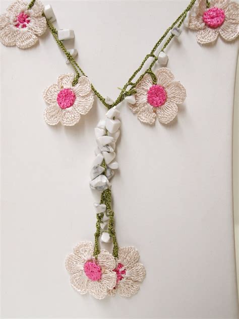 Lace Turkish Oya Necklace With Flowers And White Stones Crochet