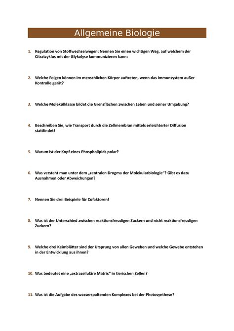 Allgemeine Biologie Altfragen WS Allgemeine Biologie Regulation Von