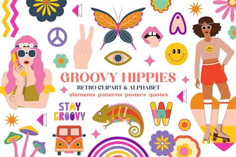 Retro Groovy Hippie Clipart & Alphabet