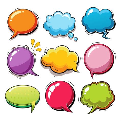 Collection Of Nine Colorful Comic Speech Bubbles In Different Shapes