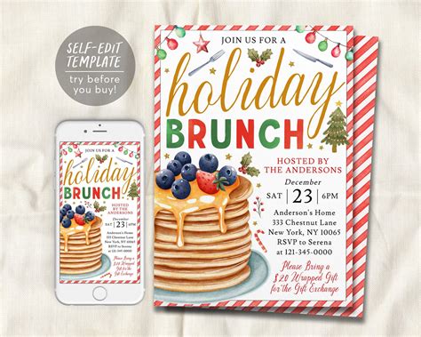 Holiday Brunch Invitation Editable Template Christmas Breakfast Panca Puff Paper Co