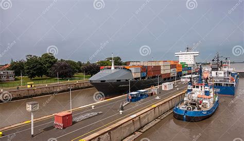 3 Ships in the Kiel Canal Locks, Brunsbuttel, Germany Editorial Photography - Image of ships ...