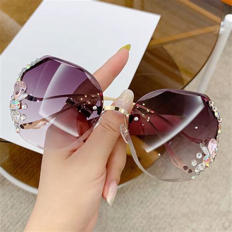 Vintage Rahmenlosen Strass Sonnenbrille Damen Mode Farbverlauf Gläser