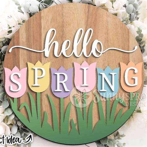 Hello Spring Flower Wreath Sign Round Door Hanger Svg Etsy