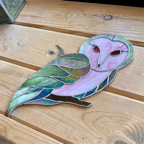 Products Handcrafted Stained Glass Barn Owl Suncatcher In Iridescent Green Pink Whimsical