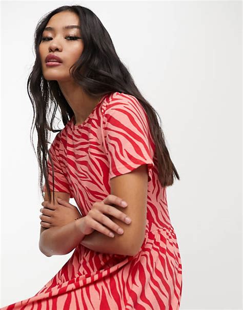 Wednesdays Girl Relaxed Midi Smock Dress In Pink Red Zebra Asos