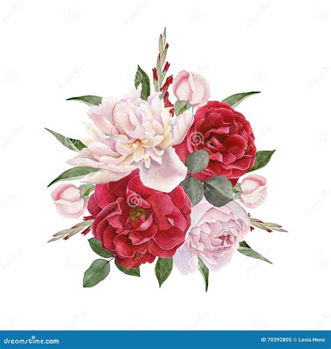 Floral Card Bouquet Of Watercolor Roses And White Peonies Stock