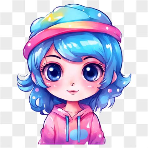 Download Kawaii Cartoon Girl Blue Hair Pink Hoodie Anime Style Hat