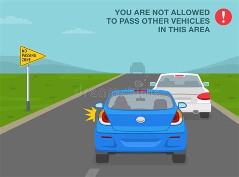 Back View Of A Blue Sedan Car Overtaking On No Passing Zone Sign Area Stock Vector