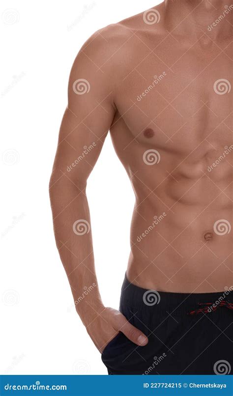 Shirtless Man With Slim Body Isolated On White Closeup Stock Image