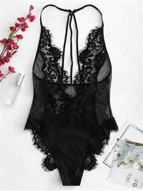 [16 Off] 2021 Snap Crotch Sheer Lace Plunge Teddy Bodysuit In Black