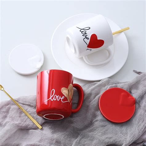 Romantic Couple Ceamic Coffee Mug With Lid Spoon Love Sale Coffee Mugs