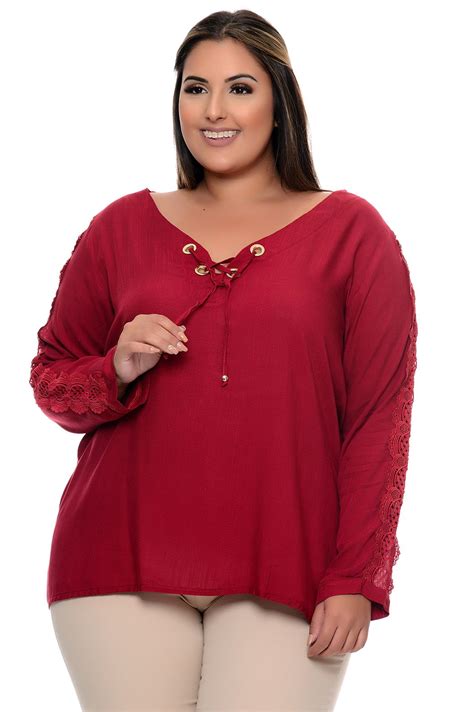 Blusa Plus Size Manga Longa Renda Vk Moda Plus Size