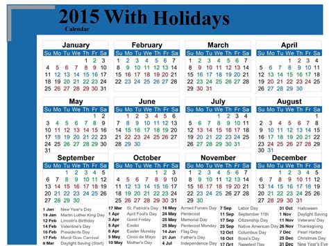 Calendar With Holidays 2015, Pictures, Images