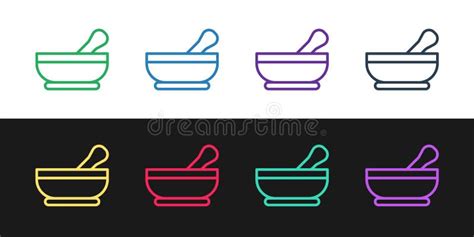 Set Line Mortar And Pestle Icon Isolated On Black And White Background