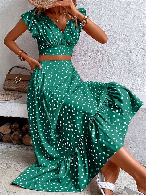 Shein Vcay Polka Dot Print Butterfly Sleeve Crop Top And Ruffle Hem Skirt