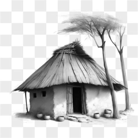 Download Small Thatched Hut Drawing With Trees Sketches Online