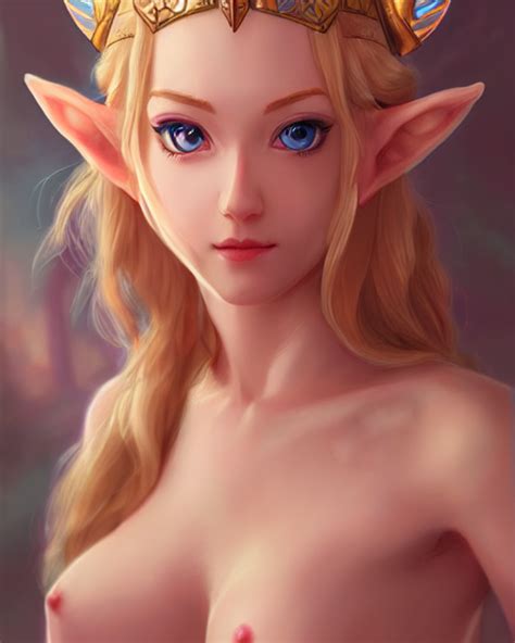 Rule 34 Ai Generated Blonde Hair Blue Eyes Crown Hylian Ears Nude Pointy Ears Portrait