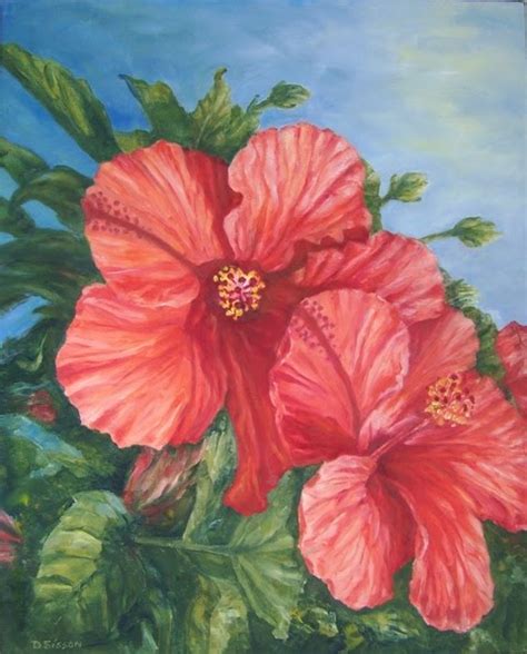 Daily Painting Projects: Red Hibiscus Oil Tropical Hibiscus Flower Garden Landscape