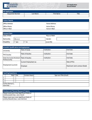 Fillable Online Physik Uni Wuerzburg Record Sheet Job Application