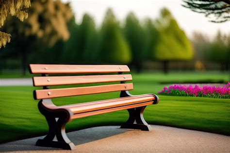 Premium AI Image | Wooden bench at flower garden park