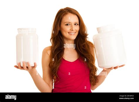 Attractive Beautiful Sporty Woman Holds Blank Plastic Protein Container