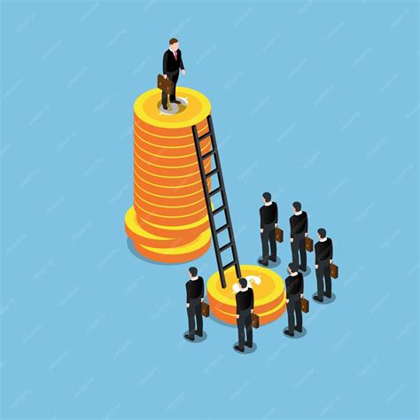 Premium Vector Successful Man Climbs Stack Of Coins Looking Down Less