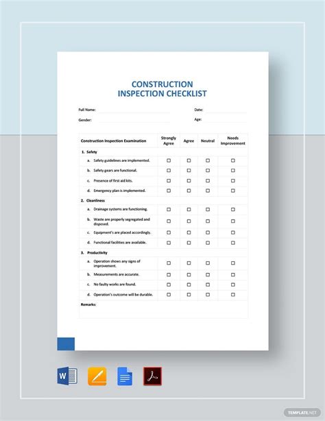 Construction Inspection Checklist Template in PDF, Pages, Word, Google Docs - Download ...