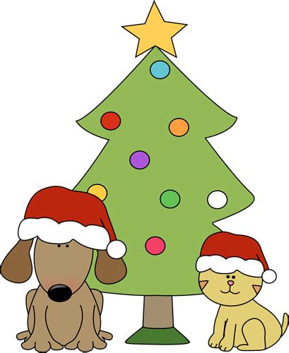 Christmas Dog and Cat in Front of Tree Clip Art - Christmas Dog and Cat in Front of Tree Image