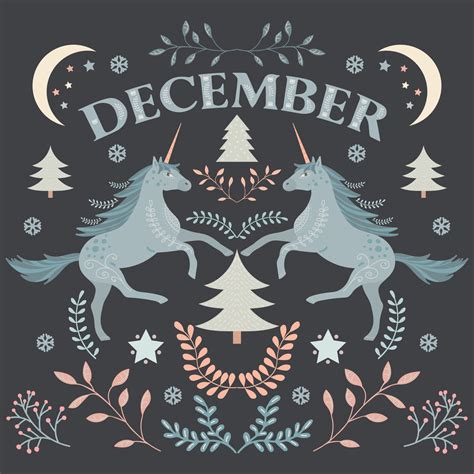 December word card. Folk art style illustration with unicorns ...