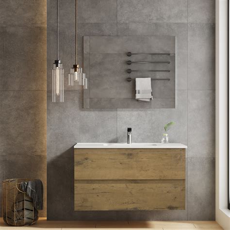 Mobile Bagno Sospeso Cm Rovere Naturale Doppio Cassetto Con Specchio