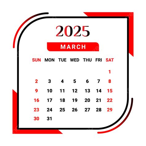 Calendário Do Mês De Março De 2025 Com Vermelho E Preto Vetor Png