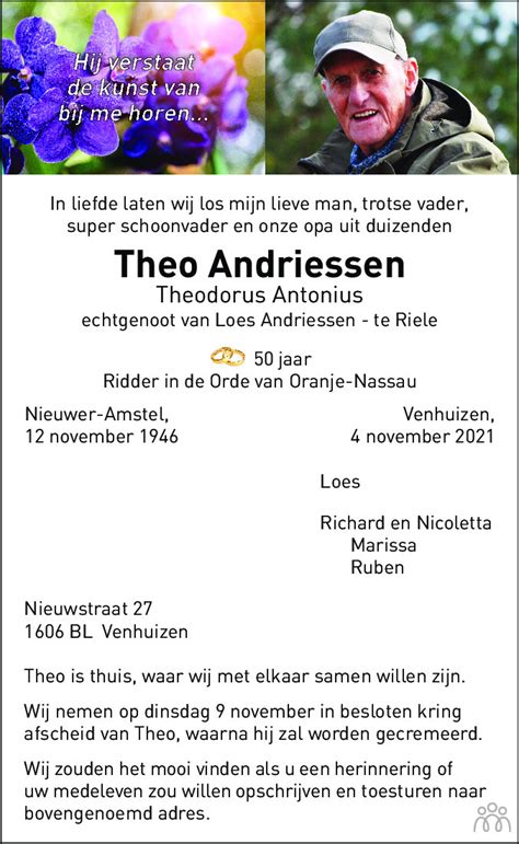 Theo Theodorus Antonius Andriessen Overlijdensbericht En