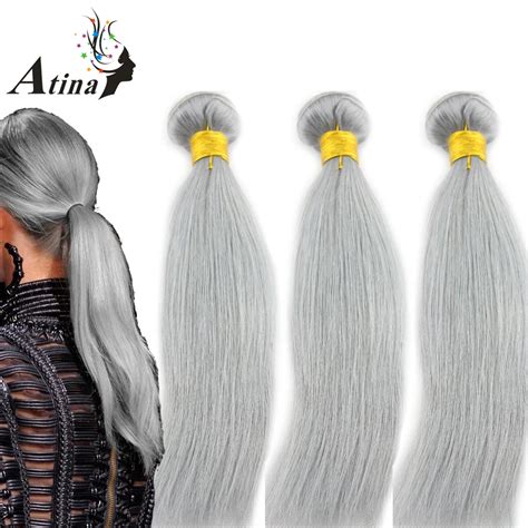 Buy Brazilian Straight Human Hair Weave Pure Gray Color 3 Bundles Atina Silver