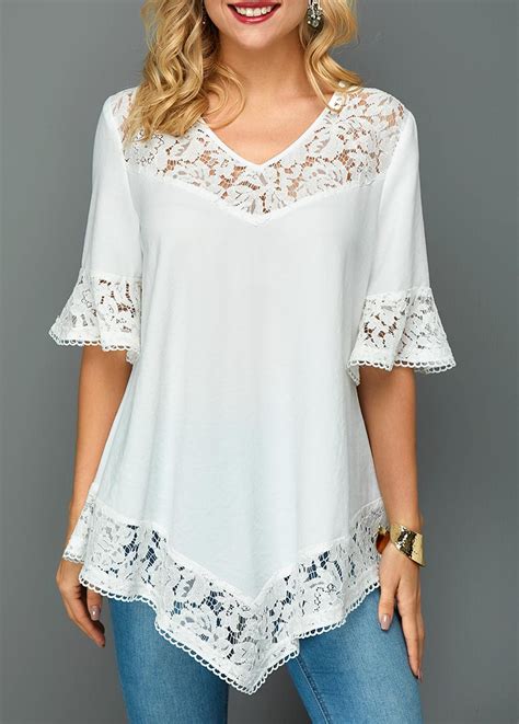 Flare Sleeve Asymmetric Hem Lace Patchwork Blouse Liligal Usd