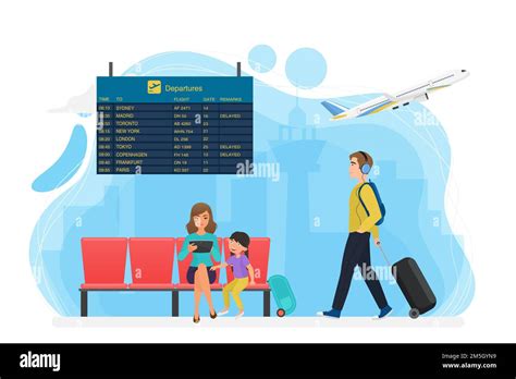 Waiting Airport Area With Timetable Board And Tourist People Vector Illustration Cartoon Man