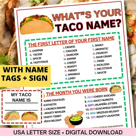 Whats Your Taco Name Game With Nametags And Signcinco De Etsy